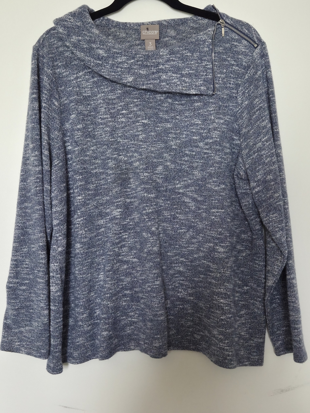 Chico's Size 3 Blue Marled Cowl Neck Sweater with Zip Detail